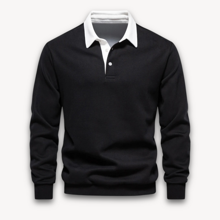 Men's stylish long-sleeve polo sweater, perfect for smart casual everyday wear.