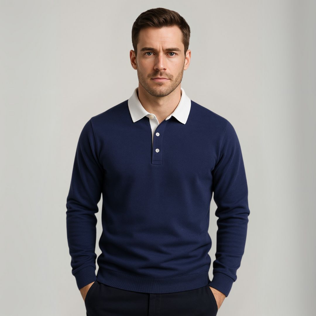 Elegant men's pullover sweater with a classic polo collar, ideal for versatile styling.