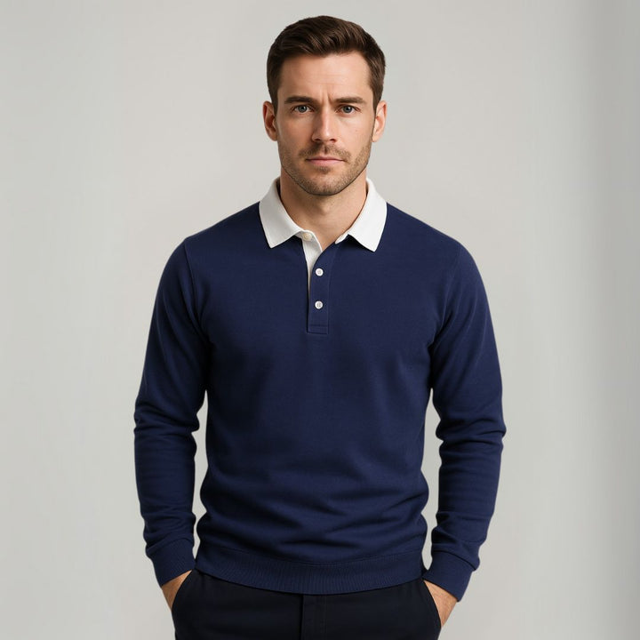 Elegant men's pullover sweater with a classic polo collar, ideal for versatile styling.
