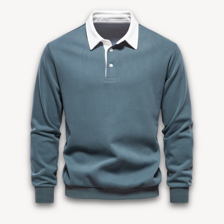 Versatile men's polo pullover sweater, great for layering or wearing on its own.