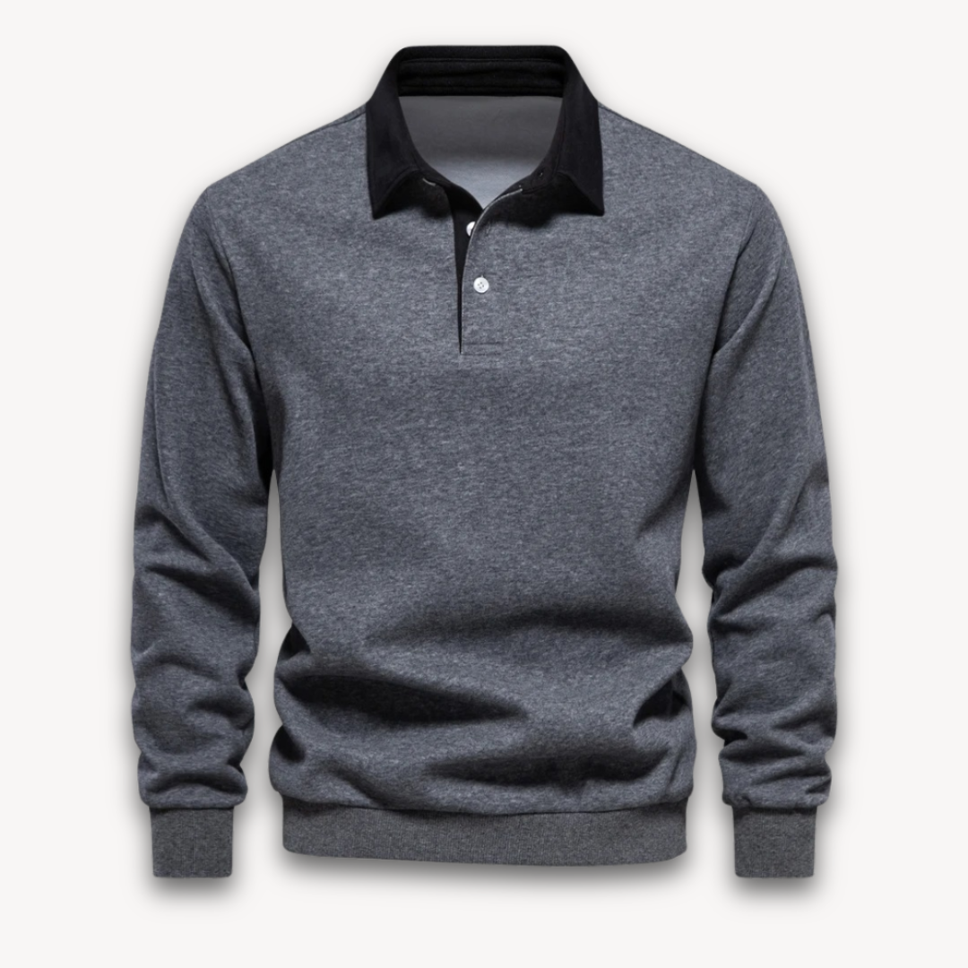 Comfortable and stylish men's long-sleeve polo sweater, a versatile everyday pullover.