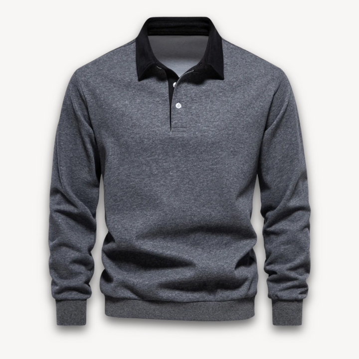 Comfortable and stylish men's long-sleeve polo sweater, a versatile everyday pullover.