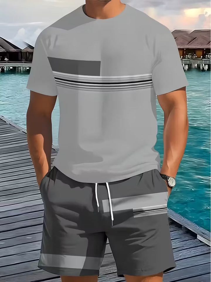 Men's stylish outdoor summer set with breathable shorts and t-shirt, perfect for beach, vacation, or casual comfort.