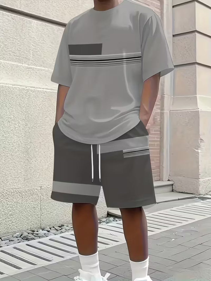 Stylish men's summer shorts and top set for vacation, beachwear, or relaxed outdoor activities. Casual fashion.