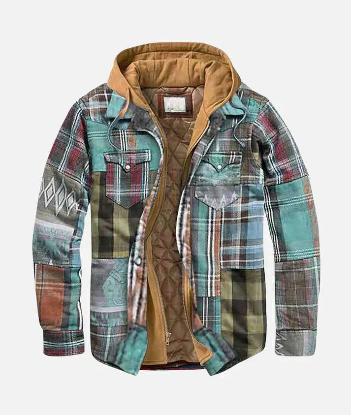 Men's stylish patchwork check pattern gilet, a unique layered vest perfect for casual or smart casual autumn wear.