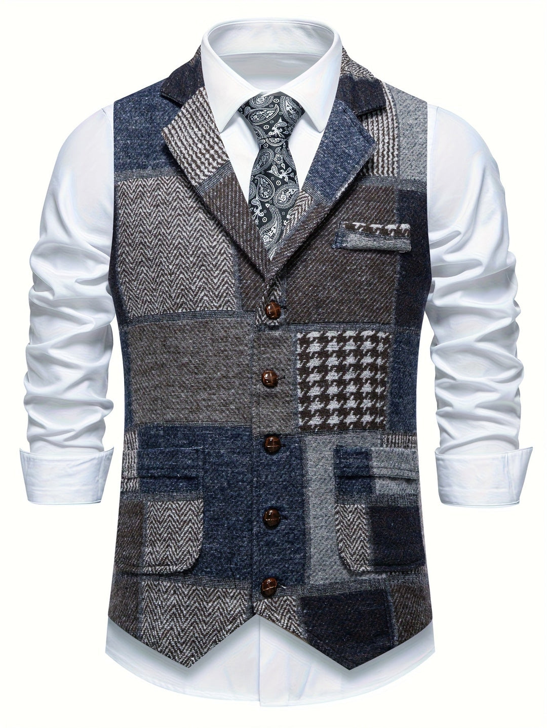 Sophisticated men's patchwork vest featuring herringbone texture, single-breasted, for a refined look.