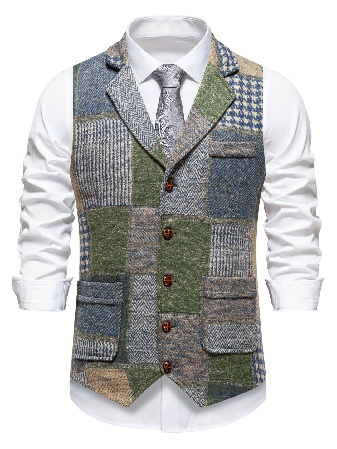 Classic men's single-breasted waistcoat with stylish patchwork herringbone design, perfect for formal events.