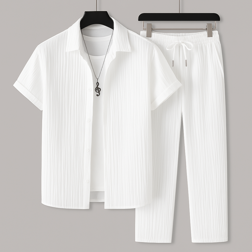 Men's stylish pleated two-piece summer set in a relaxed fit. Includes a short-sleeve shirt & drawstring trousers.