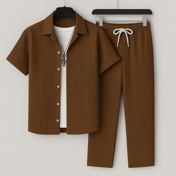 Complete men's stylish two-piece summer outfit featuring a pleated shirt and comfortable drawstring pants.