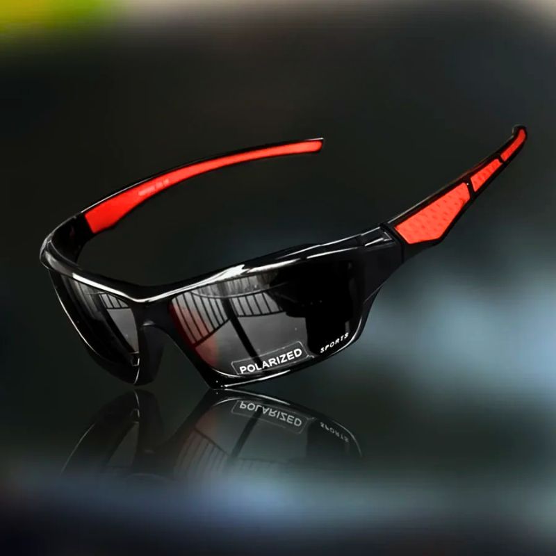Close-up of men's sleek black polarized shield sunglasses, offering superior eye protection.