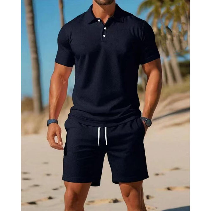 Men's short-sleeve polo shirt from a comfortable summer lounge set, featuring a classic collar.