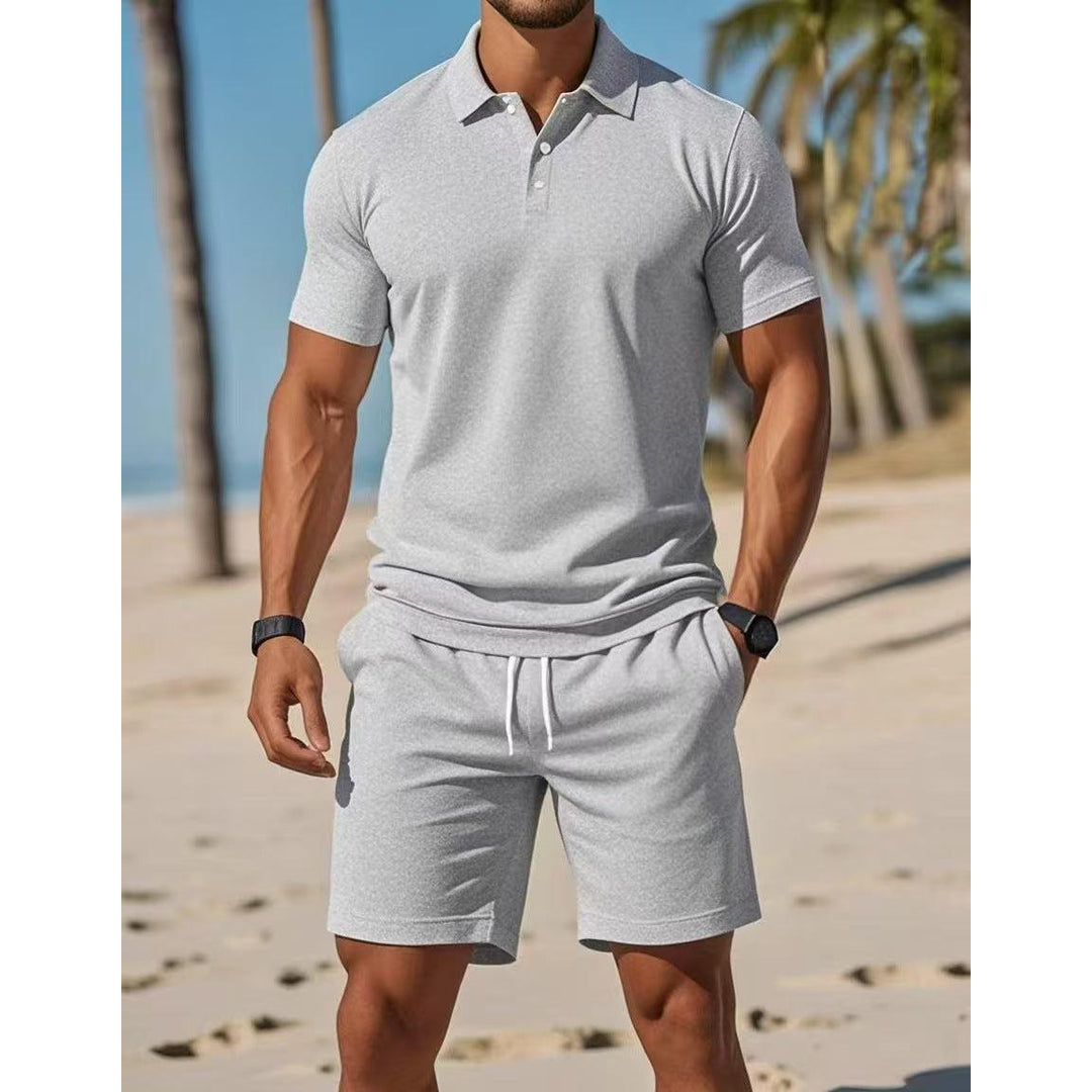 Men's comfortable drawstring athletic shorts, part of a stylish two-piece summer polo lounge set.