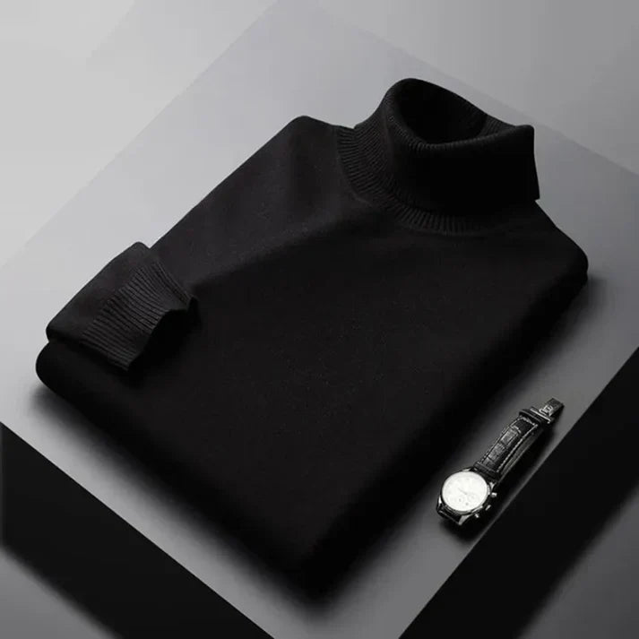 Warm men's long sleeve knit turtleneck sweater, designed for ultimate comfort and style in cold winter weather.