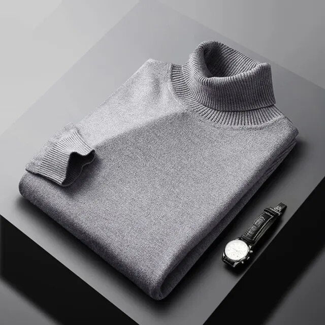 Men's premium knitwear turtleneck sweater, a stylish and warm long sleeve top for men's winter fashion.