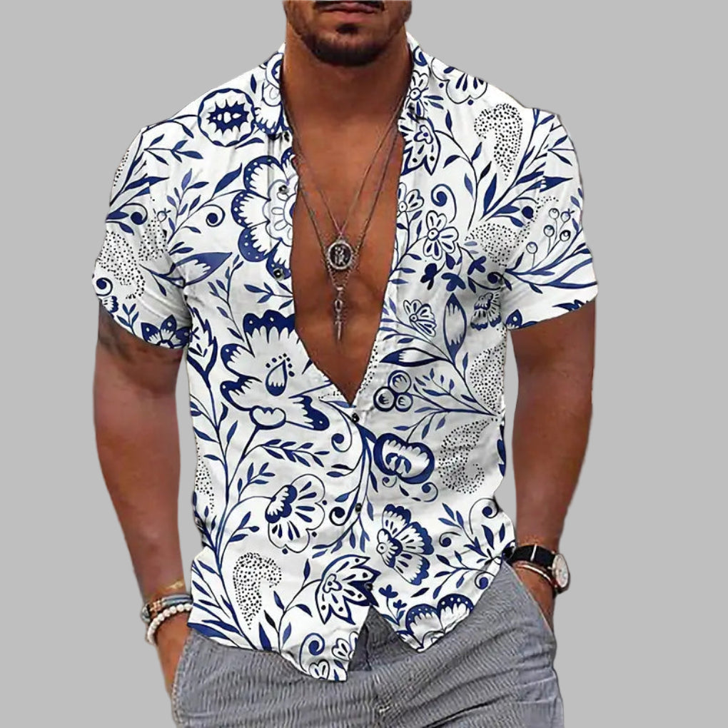 Men's stylish print summer shirt, short sleeve, casual button-up, perfect for beachwear & vacation.