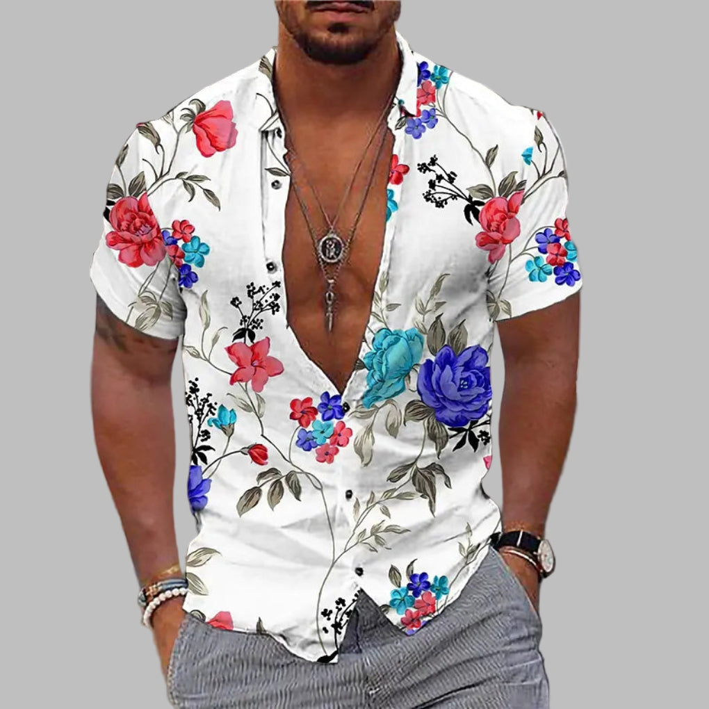 Casual men's button-up print shirt, short sleeve, ideal for summer, beach, tropical vacation & stylish fashion.
