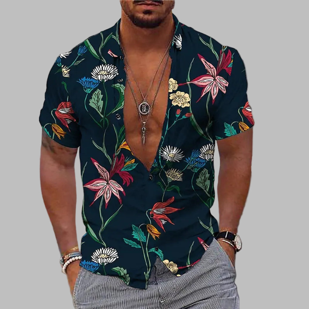 Stylish men's tropical print summer shirt with short sleeves, a comfortable casual button-up top for beach fashion.
