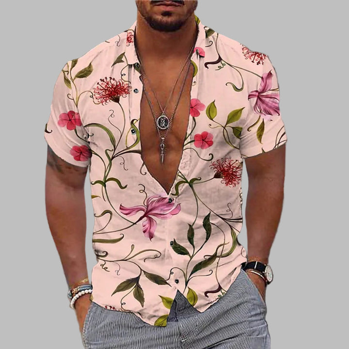 Men's fashion print short sleeve summer shirt, a casual button-up top, great for warm weather, beach & stylish wear.
