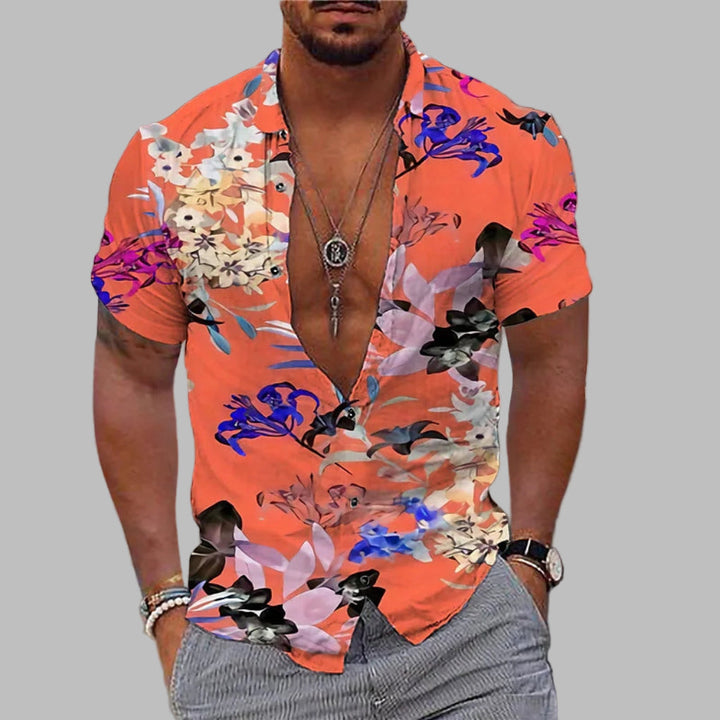 Vacation-ready men's casual print summer shirt, short sleeve button-up. Stylish beachwear & tropical fashion top.