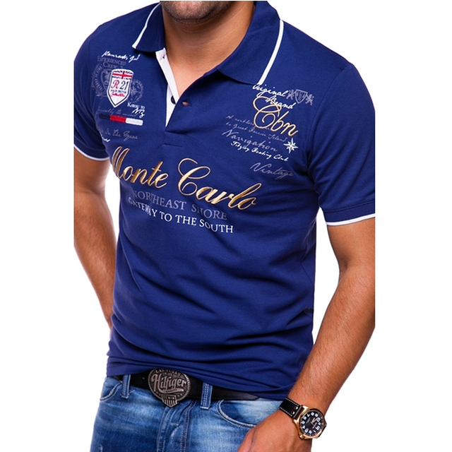Stylish men's short sleeve polo shirt, all-over print, sharp contrast collar & cuffs. Perfect for versatile casual wear.