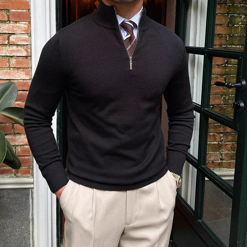 Men's stylish quarter zip mock neck sweater with tailored fit & ribbed cuffs, perfect for casual wear.