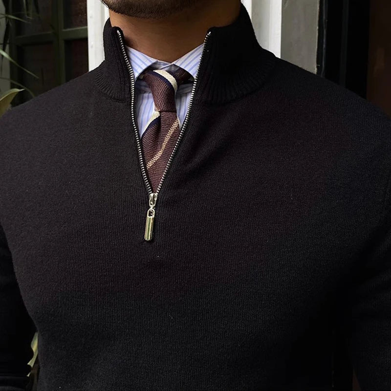Comfortable men's tailored fit quarter zip sweater, long sleeve mock neck pullover for versatile fall & winter layering.