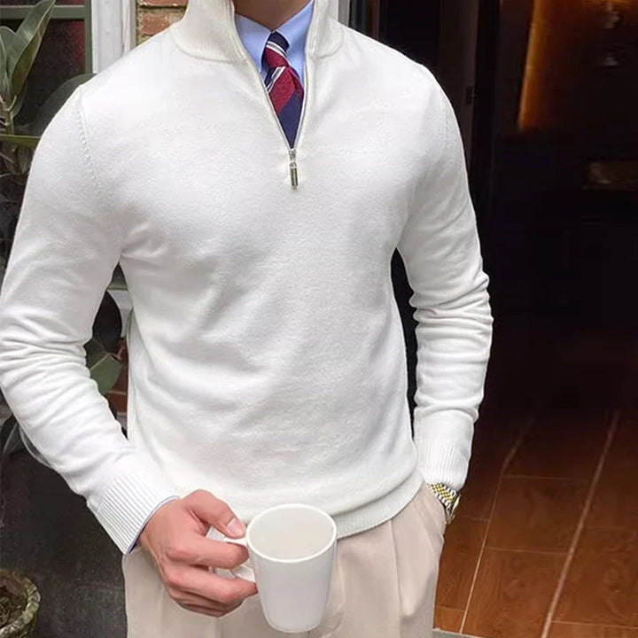 Men's fashion quarter zip mock neck pullover sweater in a tailored fit, ideal for casual and stylish autumn outfits.