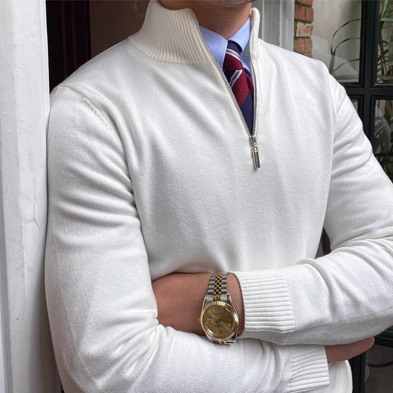 Stylish men's winter sweater: tailored fit quarter zip mock neck, long sleeve for warmth & casual elegance.