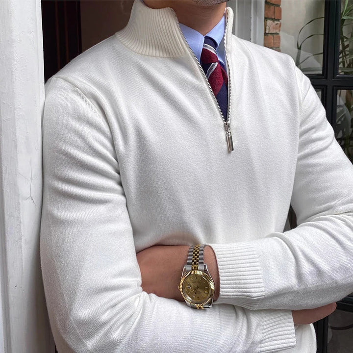 Stylish men's winter sweater: tailored fit quarter zip mock neck, long sleeve for warmth & casual elegance.