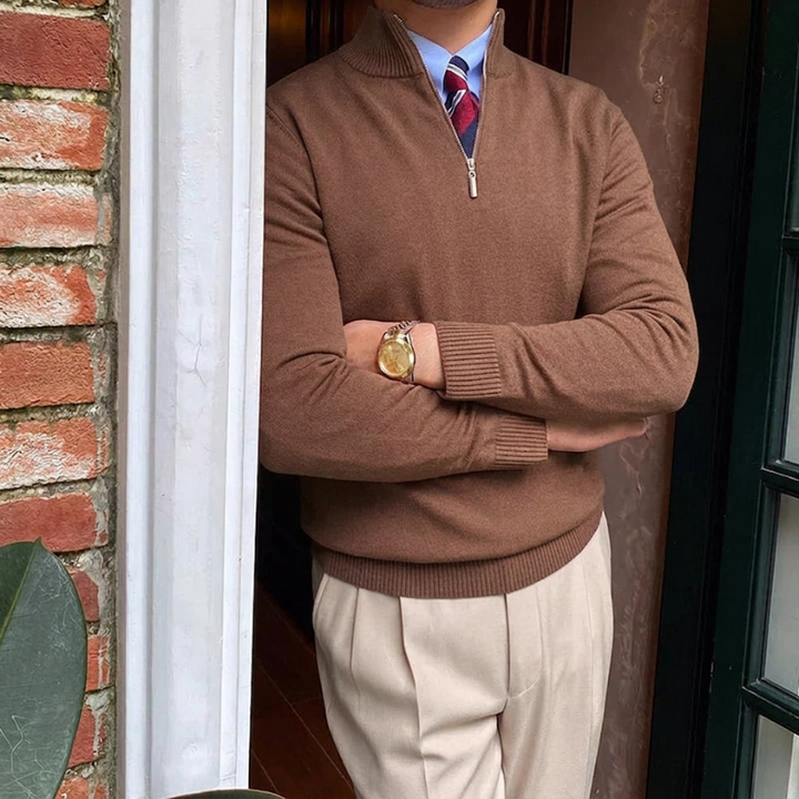 Versatile men's long sleeve quarter zip mock neck sweater, tailored fit, perfect for layering & everyday style.
