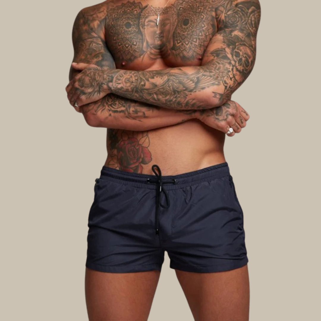 New men's quick dry stretchy swim shorts, stylish & comfortable for beach, pool, and active summer days.