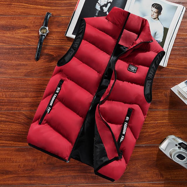 Modern men's quilted bodywarmer, stylish zippered outerwear for urban casual layering and comfort.