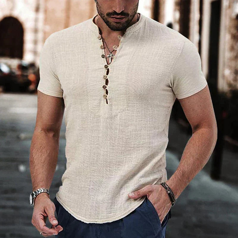 Men's stylish short-sleeve Henley shirt. Casual, comfortable, and breathable for everyday urban fashion.