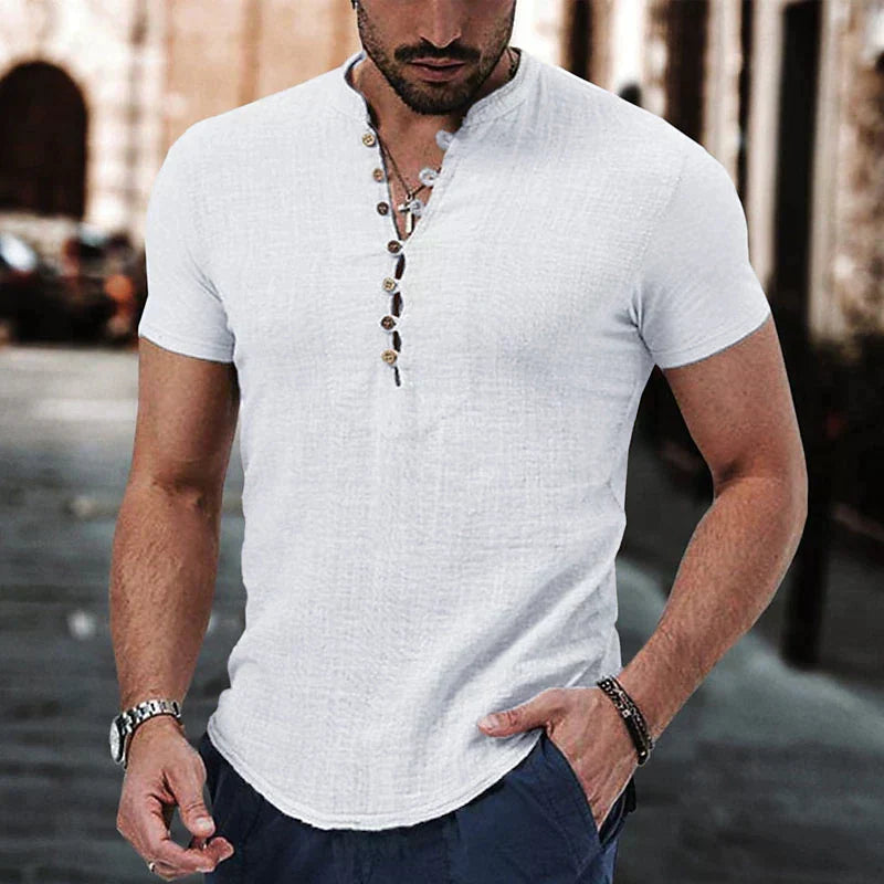 Comfortable and breathable men's Henley shirt. Stylish short-sleeve design ideal for casual everyday fashion.