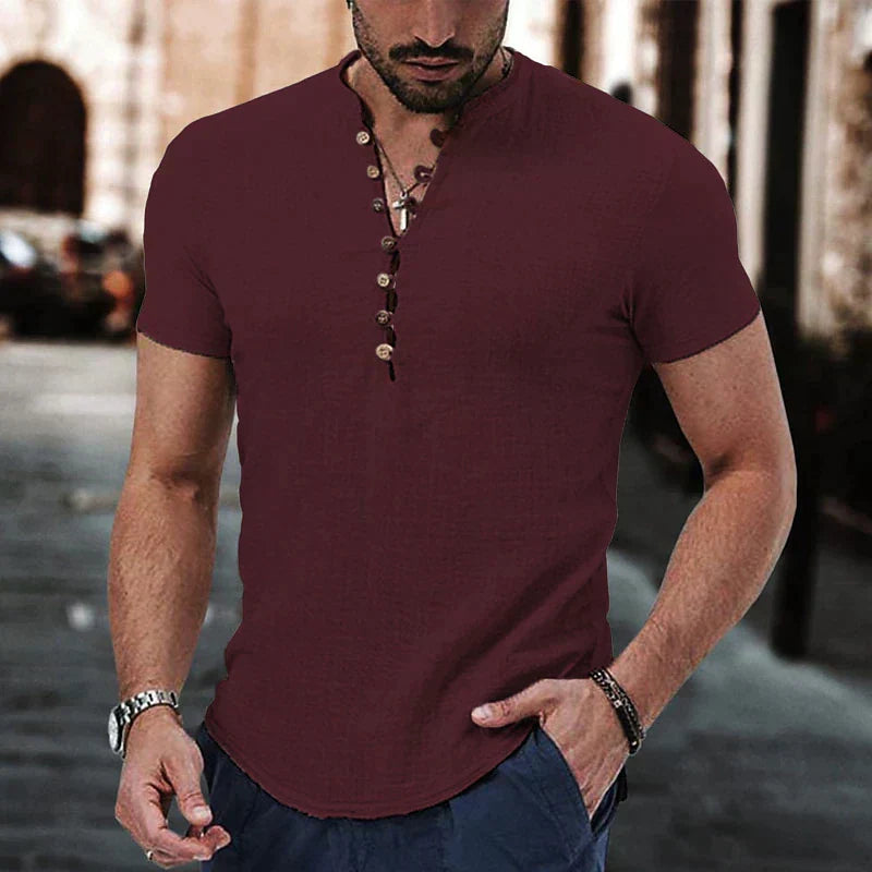 Stylish men's short-sleeve Henley shirt. Breathable and comfortable for casual urban everyday fashion.
