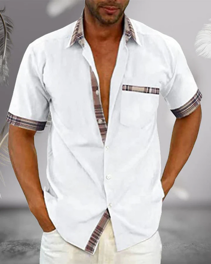 Men's stylish short sleeve stand collar shirt, perfect for everyday comfort and casual wear.