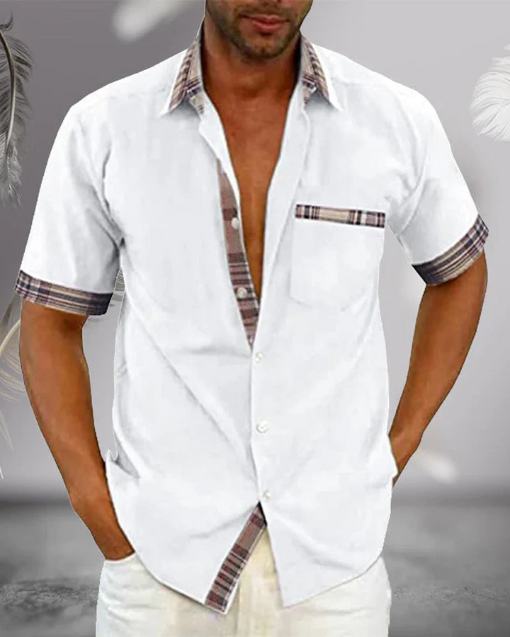 Men's fashion short sleeve stand collar shirt, offering a stylish, comfortable, and casual look.