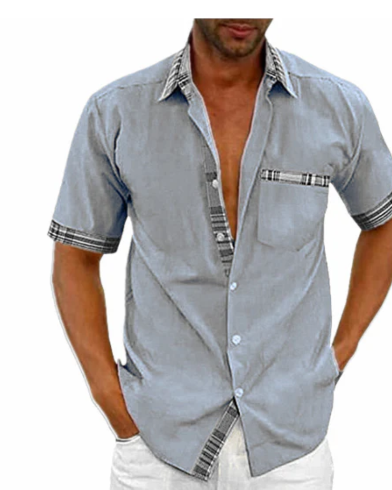 Stylish short sleeve men's shirt with a stand collar, perfect for everyday comfort and versatility.