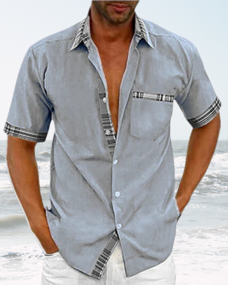 Relaxed fit men's short sleeve stand collar shirt, offering casual comfort and a modern look.
