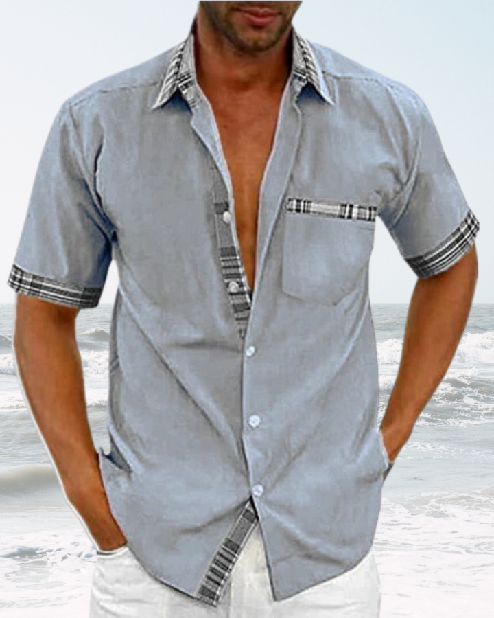 Relaxed fit men's short sleeve stand collar shirt, offering casual comfort and a modern look.
