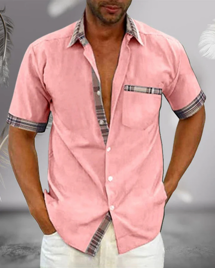 Summer-ready men's short sleeve stand collar shirt, perfect for a relaxed fit and stylish comfort.