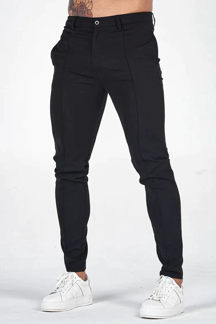 Beige men's slim fit chino pants, versatile for casual wear, office, or events.