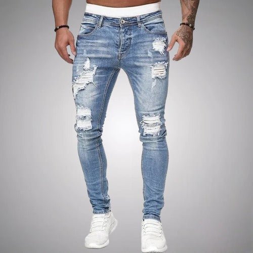 Comfortable men's stretch denim ripped jeans, slim fit for a trendy look and everyday style.