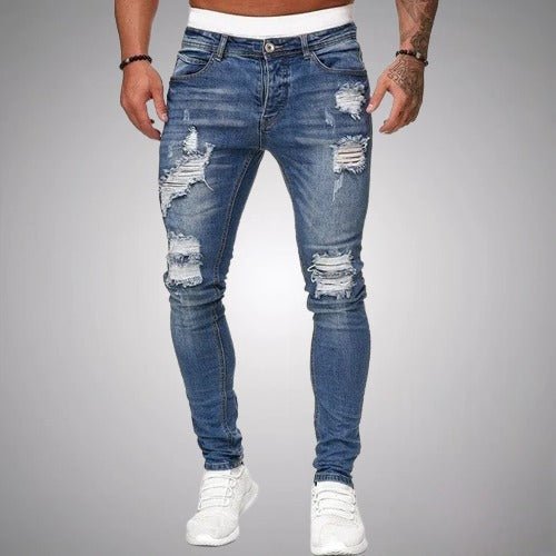 Trendy men's ripped light wash slim fit denim jeans, a stylish choice for modern casual fashion.