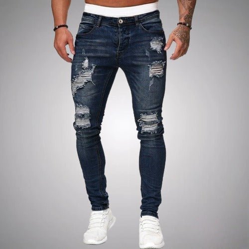 Fashionable men's slim fit ripped jeans, offering a modern and comfortable look for contemporary style.