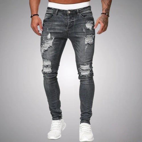 Versatile men's slim fit ripped denim jeans, ideal for casual outfits and everyday trendy fashion.