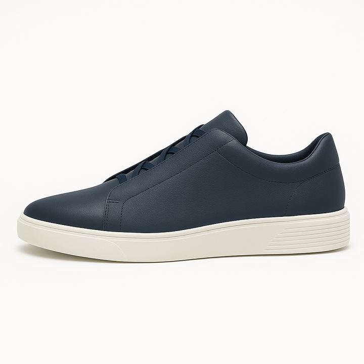 Comfortable navy slip-on men's sneakers for easy everyday wear, blending modern style with casual footwear.