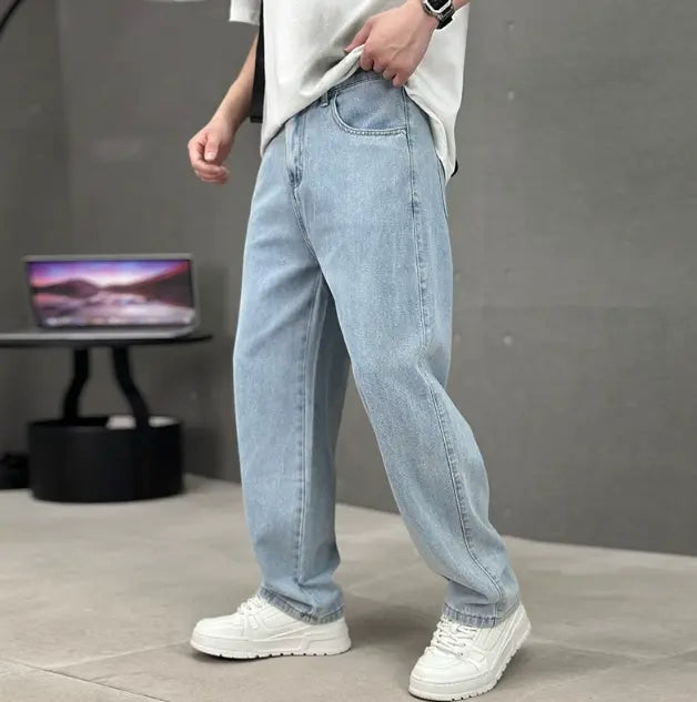 Comfortable men's straight leg denim jeans, featuring a modern fit. Perfect stylish pants for casual everyday fashion.