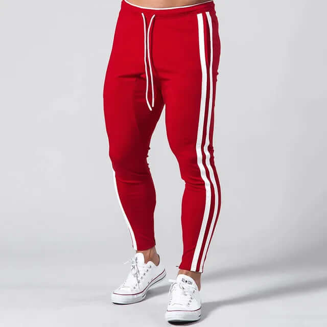 Close-up of men's versatile stripe skinny pants, perfect for everyday casual & outdoor fashion.