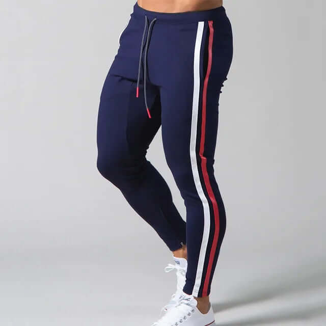 Fashionable men's modern stripe skinny pants, blending comfort for all-season casual & outdoor style.
